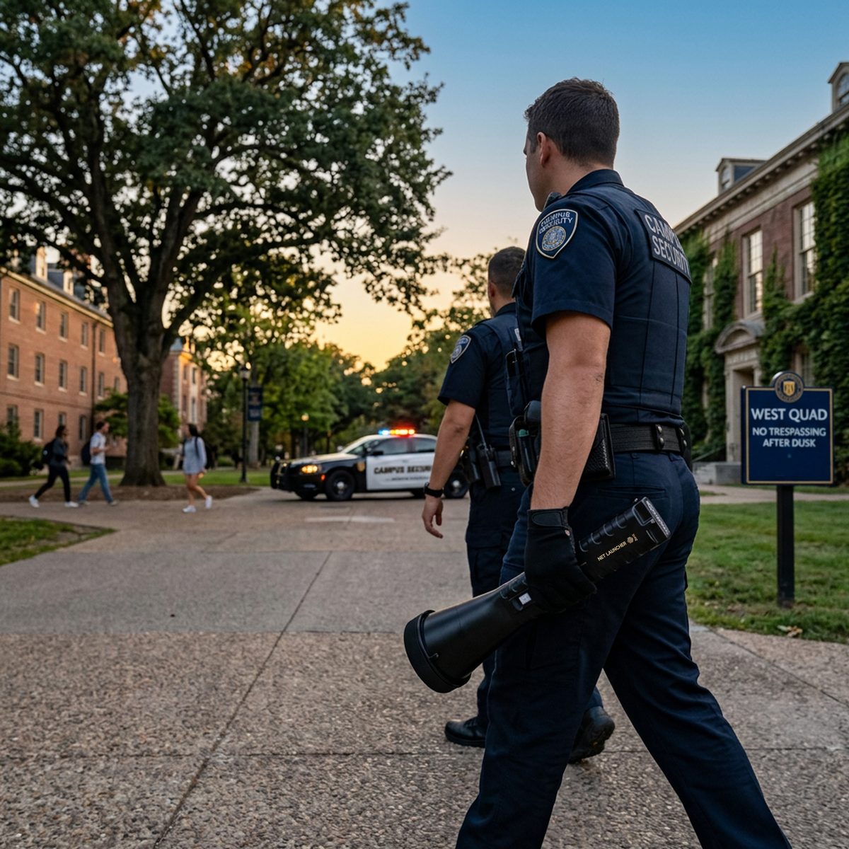 Campus security officers patrolling with a ZANX dual-shot net launcher