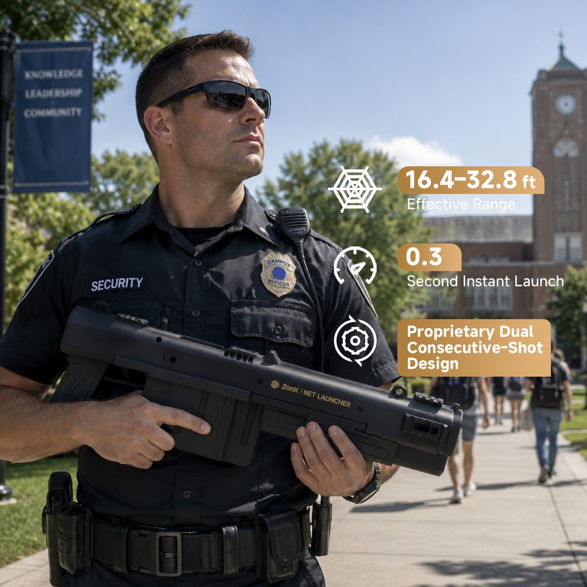 Law enforcement officer carrying ZANX dual-shot net launcher